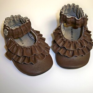 BROWN Leather Mary Jane soft sole shoes Double Ruffle size 0 3 6 9 12 18 24 months image 4
