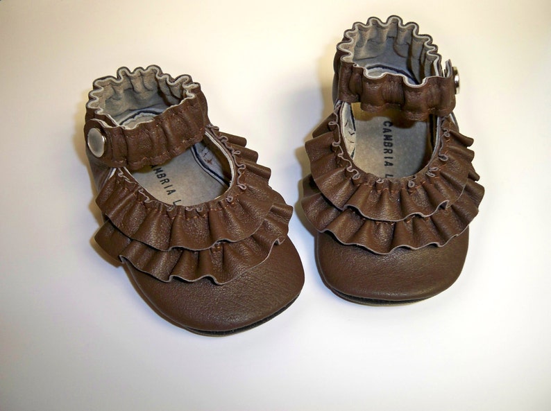 BROWN Leather Mary Jane soft sole shoes Double Ruffle size 0 3 6 9 12 18 24 months image 4