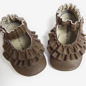 BROWN Leather Mary Jane soft sole shoes Double Ruffle size 0 3 6 9 12 18 24 months image 1