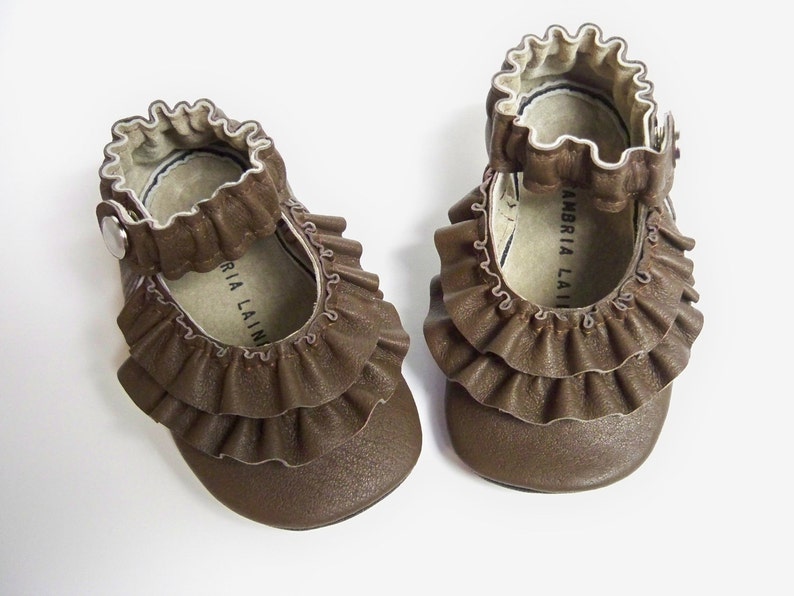 BROWN Leather Mary Jane soft sole shoes Double Ruffle size 0 3 6 9 12 18 24 months image 1