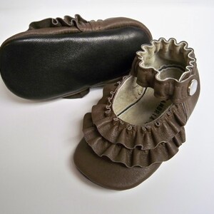 BROWN Leather Mary Jane soft sole shoes Double Ruffle size 0 3 6 9 12 18 24 months image 2