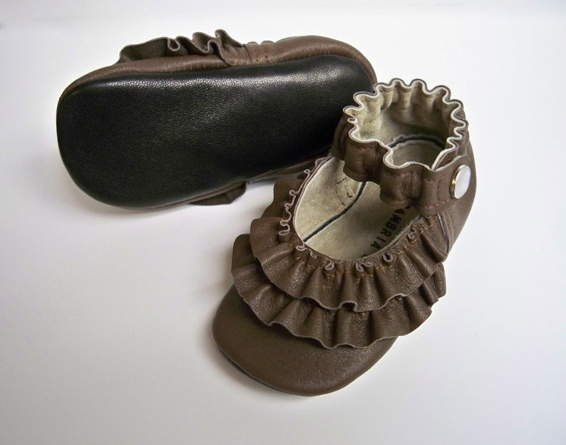 BROWN Leather Mary Jane soft sole shoes Double Ruffle size 0 3 6 9 12 18 24 months image 2