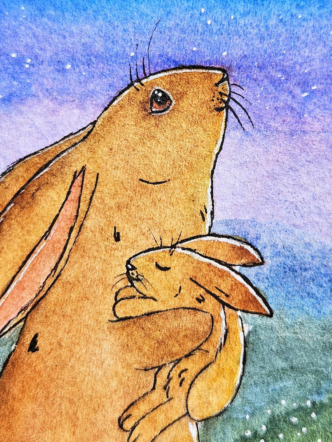 Original Watercolour Painting: Hare Family Under Moon, Woodland Nursery ...