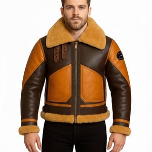 Herren Lammfell Fliegerjacke: Handgefertigte braune B3 Bomber | Echter Schaffell-Leder Wintermantel