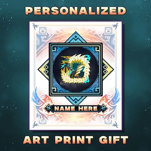 May include: A rectangular art print featuring a central square emblem with a stylized yellow and blue creature icon. The design includes geometric borders, decorative wing-like motifs, and a black banner with the text NAME HERE. The top text reads PERSONALIZED and the bottom text reads ART PRINT GIFT.