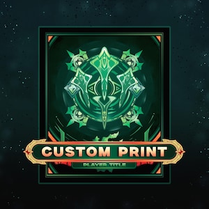 May include: A rectangular graphic print featuring a dark green background with a central symmetrical emblem of stylized blades and geometric shapes. A horizontal banner across the bottom displays the text CUSTOM PRINT and PLAYER TITLE.