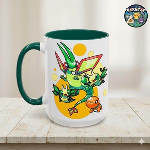 Puede incluir: Taza de cerámica blanca con interior y asa verdes. La taza presenta una colorida ilustración de dibujos animados de varias criaturas con detalles en verde, naranja y amarillo. La taza tiene el logotipo de Poketop.
