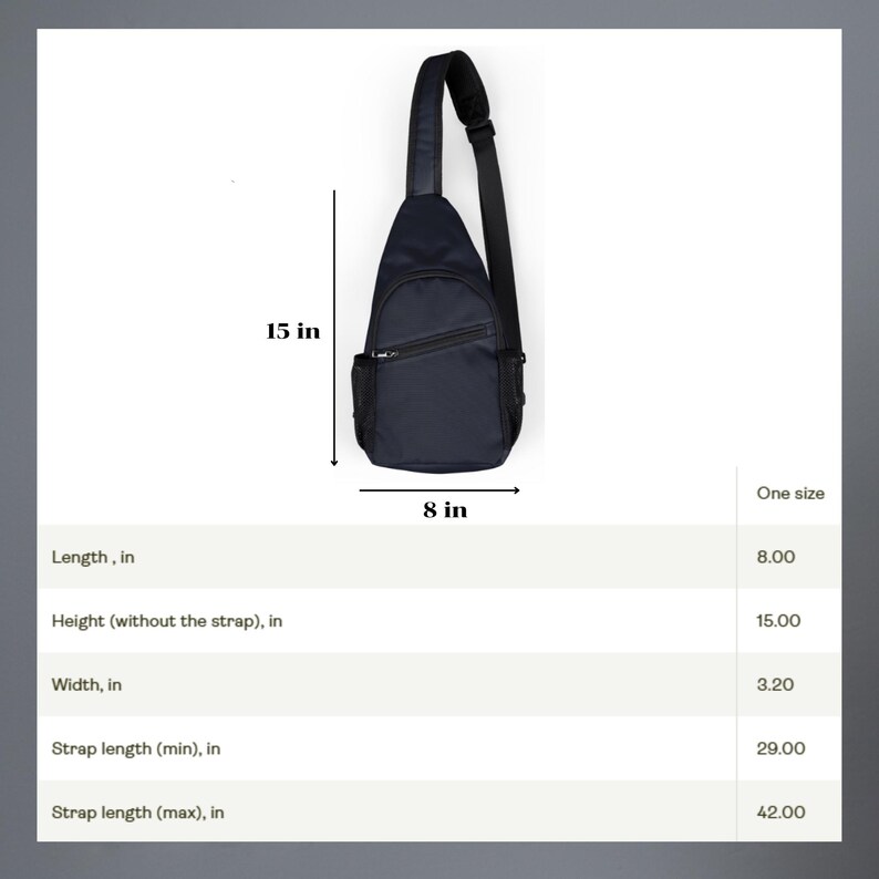 May include: A navy blue sling bag with a black adjustable strap. The bag has a zippered main compartment and a small side pocket. The bag is 15 inches high, 8 inches wide, and has a strap length that adjusts from 29 to 42 inches.