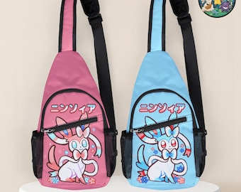 Shiny Sylveon Crossbody Bags, Japanese Fairy Type Chest Sling Bag, Pastel Aesthetic Harajuku Shoulder, Gift for Gamer Girls