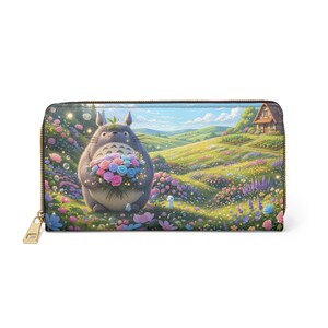 Totoro Leather Zip Around Wallet, Studio Ghibli Inspired Clutch, Kawaii Forest Spirit Purse STYLE 1