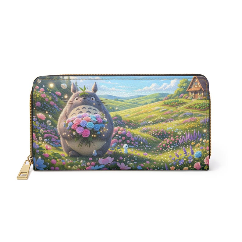 Totoro Leather Zip Around Wallet, Studio Ghibli Inspired Clutch, Kawaii Forest Spirit Purse STYLE 1