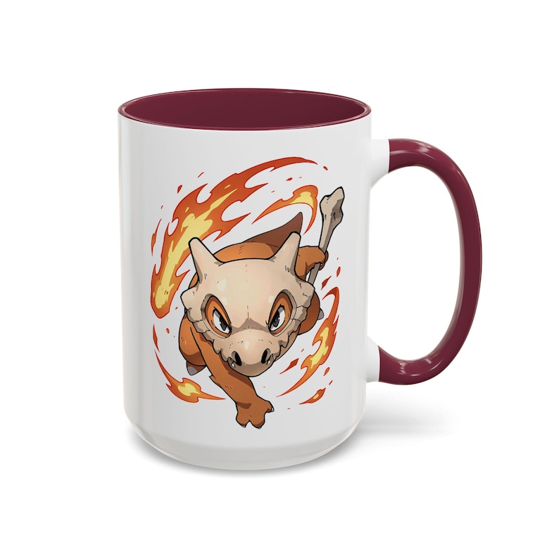 Cubone Marowak Mug Lonely Bone Warrior | Skull Helmet Creature Cup | Sad Baby Dino Coffee Maroon