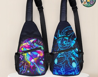 Greninja Sling Bag - Cyberpunk Anime Chest Pack, Neon Crossbody Bag, Gamer Travel Backpack, Vaporwave Aesthetic Shoulder Purse