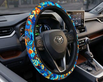 Pokemon Water Steering Wheel Cover, Blue Marine Pattern Car Decor, Kawaii Blue Anime Auto Interior