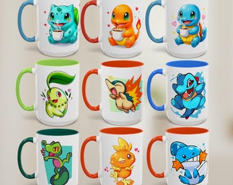 Taza de inicio de 443 ml, linda taza de café de anime, regalo de tipo Fuego, Agua y Planta, Gen 1 2 3 4 5 6 8 9, regalo para gamers para él y para ella.