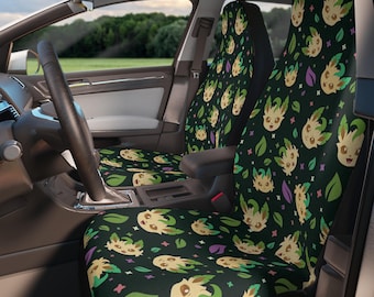 Leafeon Car Seat Covers, Grass Type Eeveelution Auto Decor, Green Nature Anime Seat Protector, Kawaii Forest Aesthetic Car Accessories Set