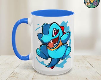Totodile Mug 15oz, Cute Water Starter Coffee Cup, Johto Region Anime Gift, Blue Handle Ceramic Tea Cup, Gamer Present