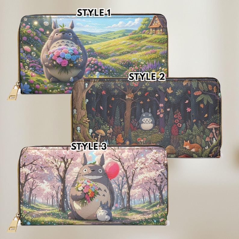 May include: Three zippered wallets with different designs. Style 1 shows a Totoro character holding flowers in a field. Style 2 features Totoro in a forest scene. Style 3 depicts Totoro with a balloon and flowers under cherry blossoms.