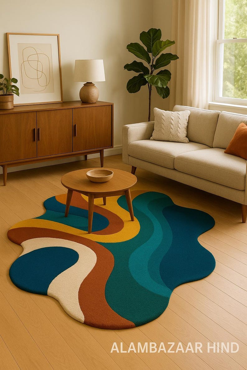 May include: A colorful, abstract area rug with a wavy design in shades of blue, teal, yellow, brown, and cream. The rug is placed on a hardwood floor in a living room setting. The text "ALAMBAZAAR HIND" is at the bottom.
