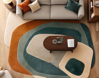 Hand-Tufted Wool Rug | Abstract Multi-Layer Design, Teal, Grey, Ivory, Rust irregular