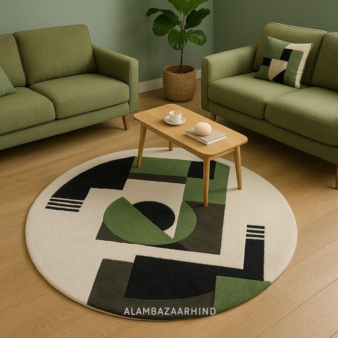 Rcc Rugs Round Green Abstract Hand Tufted Rug | Modern Circular Art Rug ...