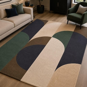 Modern Geometric| Abstract Arch Pattern Handmade Carpet | Green Navy Beige Brown Custom Size Rug