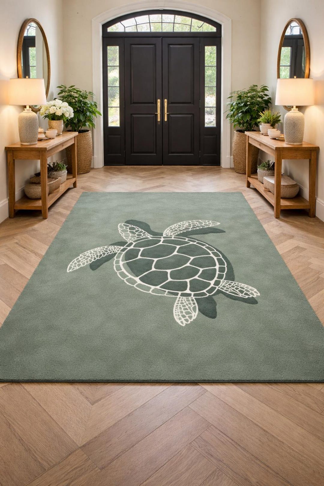 Hand Tufted Sea Turtle Design Rug – Sage Green & Ivory 5x7 Home Decor ...