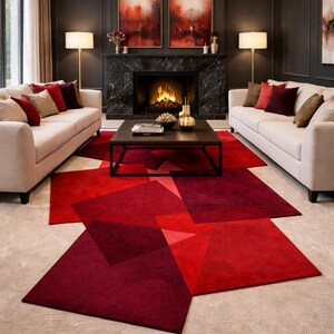 Red Abstract Geometric Rug – Hand Tufted Wool, Modern Design