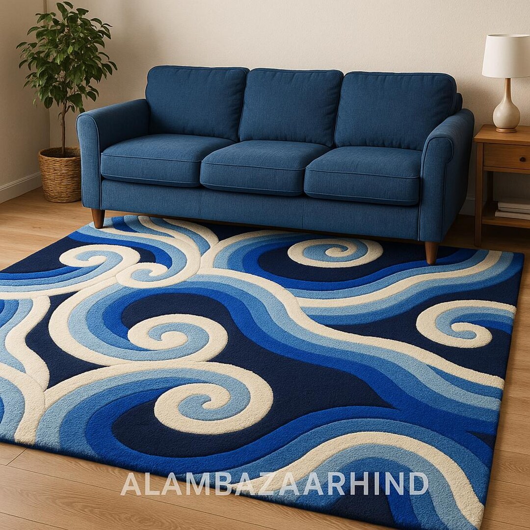 Hand Tufted Blue Wave Rug – Modern Ocean Design | Living Room, Bedroom ...