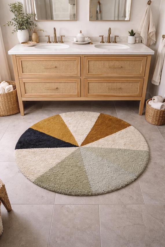 Moderner runder handgetufteter Wollteppich aus Viskose | Geometrische Designer Bodenmatte HOME DECOR