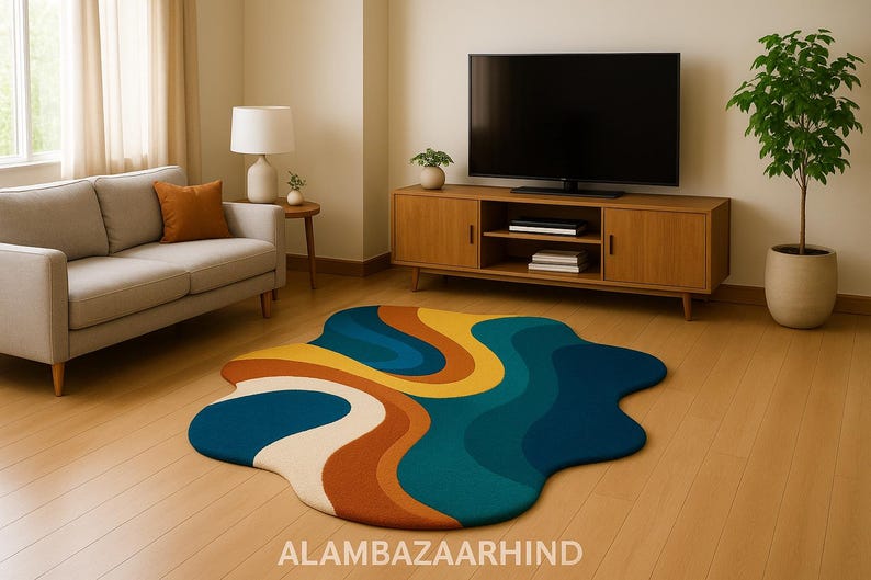 May include: A colorful, abstract area rug with a wavy design in shades of blue, yellow, orange, and cream. The rug is placed on a hardwood floor in a living room setting, with a sofa, TV, and wooden cabinet visible.