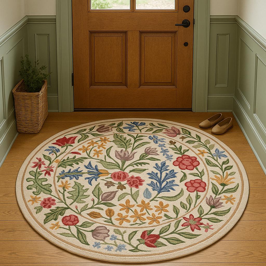 Hand-tufted Wool Round Rug – 100% Loop Pile Vintage Botanical Floral ...