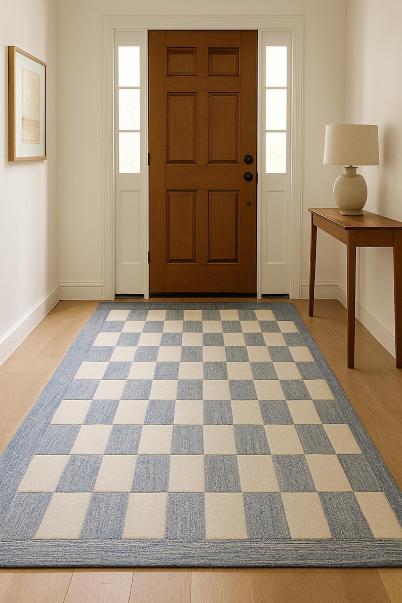 Hand Tufted Wool Rug | Modern Blue & Ivory Checkerboard Carpet - Etsy