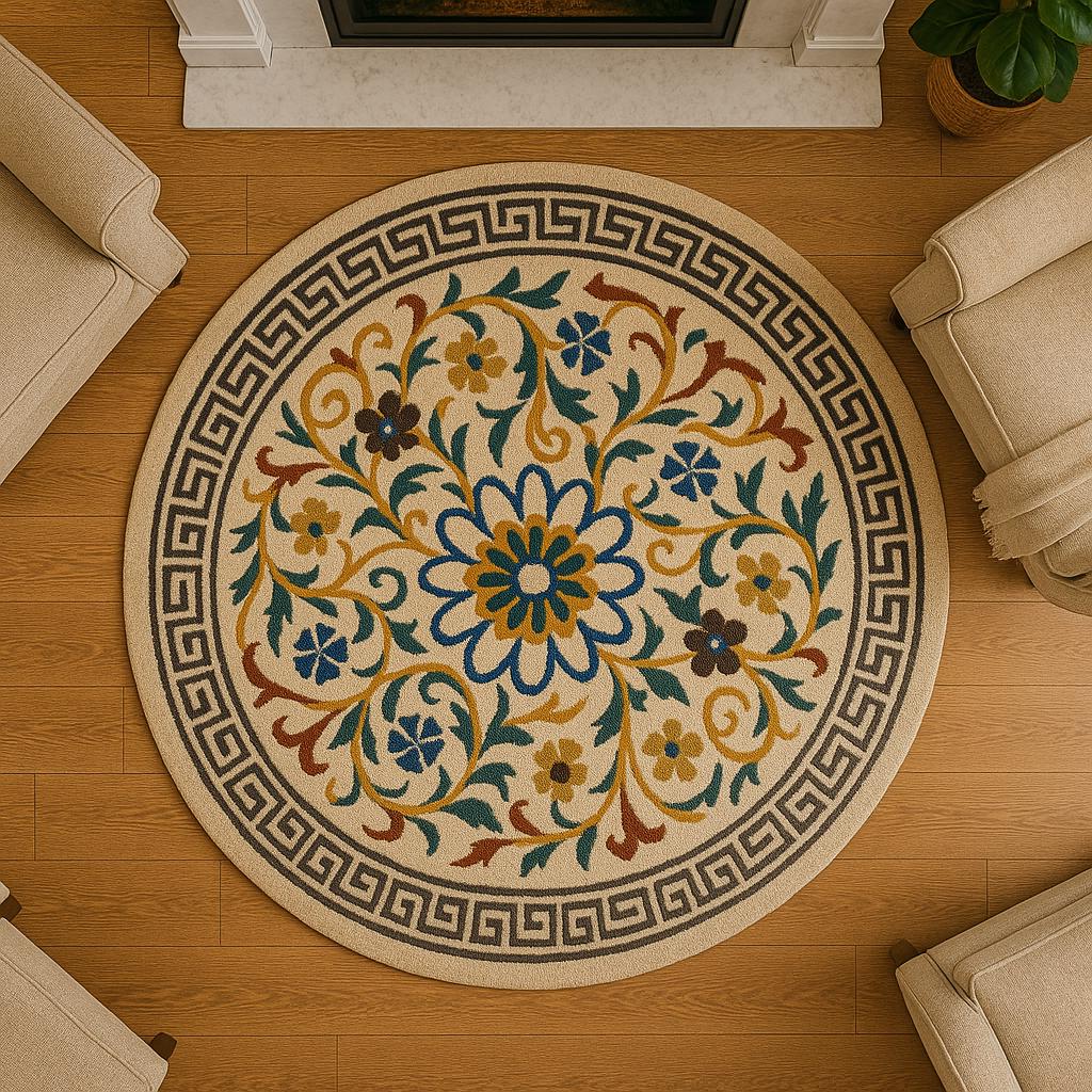Tile Inlay Rug Round Round Floral Medallion Hand Tufted Rug – Greek Border Design ...