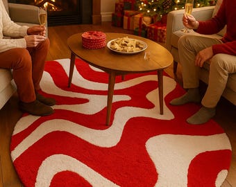 Hand Tufted Wool Rug – Red & White Abstract Wavy Pattern