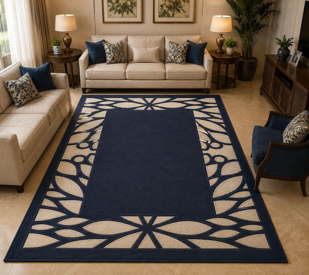 Navy Blue Geometric Hand Tufted Rug – Modern Wool Area Carpet 8x10 - Etsy