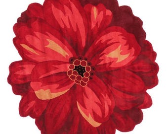 Hand-Tufted Wool Floral Rug – Red Flower Accent Carpet