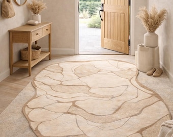 Modern Irregular Hand Tufted Wool Rug in Soft Beige & Cream – Abstract Organic Shape Designer Area Rug 5x7