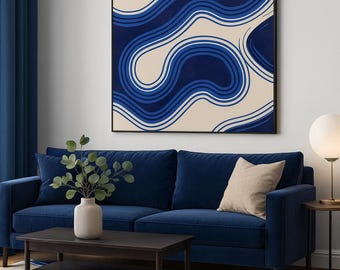 Hand Tufted Modern Abstract Rug – Blue & Ivory Wave Design HAND KNOTTED 4x6