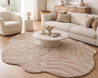 Modern Irregular Hand Tufted Rug – Abstract Organic Shape, Neutral Beige & Sand Tones Contemporary Designer Carpet