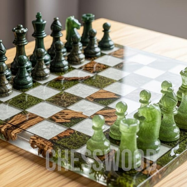 Handmade Forest Epoxy Resin Chess Set – Wood Grain and Moss Board – Dark Green vs Light Green Resin Pieces – Artisan 8x8 Set with Gift Box