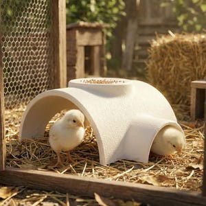 May include: Two fluffy yellow chicks in a wooden coop with a white, arched shelter. The shelter has a feeding area on top. The coop is filled with hay, and a bale of hay is in the background. The scene is lit by natural light.