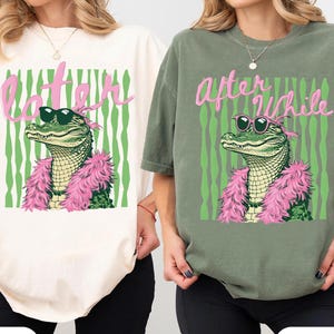 Later Gator After While Couple Shirts, Summer Bay Coastal Watercolor Stripes  Preppy Matching Tee