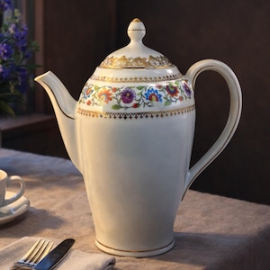 May include: A white porcelain coffee pot with a floral design and gold trim sits on a table set for breakfast. A cup of coffee, a plate with a sandwich, and a lamp are also on the table. A vase of purple flowers is in the background.