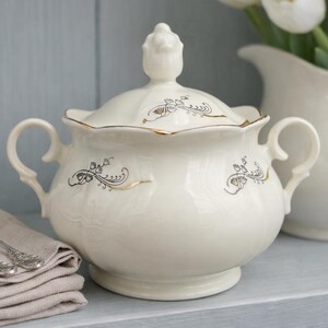 Vintage Karlskrona sugar bowl with lid, 1930s–40s ivory Swedish porcelain, delicate gold trim small flowers, Scandinavian tableware