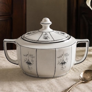Azucarero de porcelana vintage de Thomas Bavaria – porcelana blanca con adorno floral negro, Alemania, década de 1920-1930.