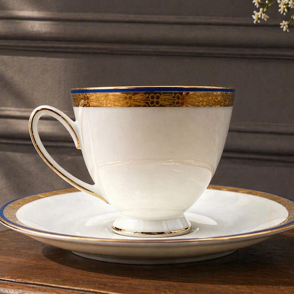 Vintage mid-century cup and saucer by Hackefors, Sweden, fine white porcelain, cobalt blue band, gold decoration and a refined gold rim