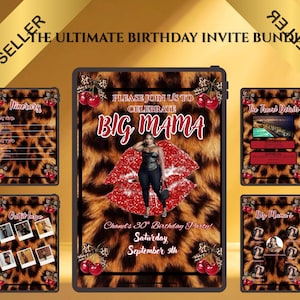 May include: A digital invitation bundle with a leopard print design. The main invitation features a woman in front of a large red lip design. The text reads "BIG MAMA" and details for the birthday party. Additional cards include itinerary and photo displays.