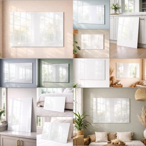 Puede incluir: Una colección de obras de arte murales blancas, rectangulares y brillantes en varios entornos. El arte refleja la luz natural y se exhibe en diferentes habitaciones, mostrando la versatilidad del diseño. Las piezas se muestran en una variedad de entornos de diseño de interiores.