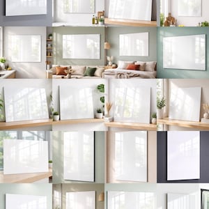 May include: A collection of white, glossy rectangular panels, likely mirrors or decorative wall art, displayed in various interior settings. The panels reflect light and the surrounding environment, creating a bright and modern aesthetic. The images showcase the panels in different orientations and room arrangements.